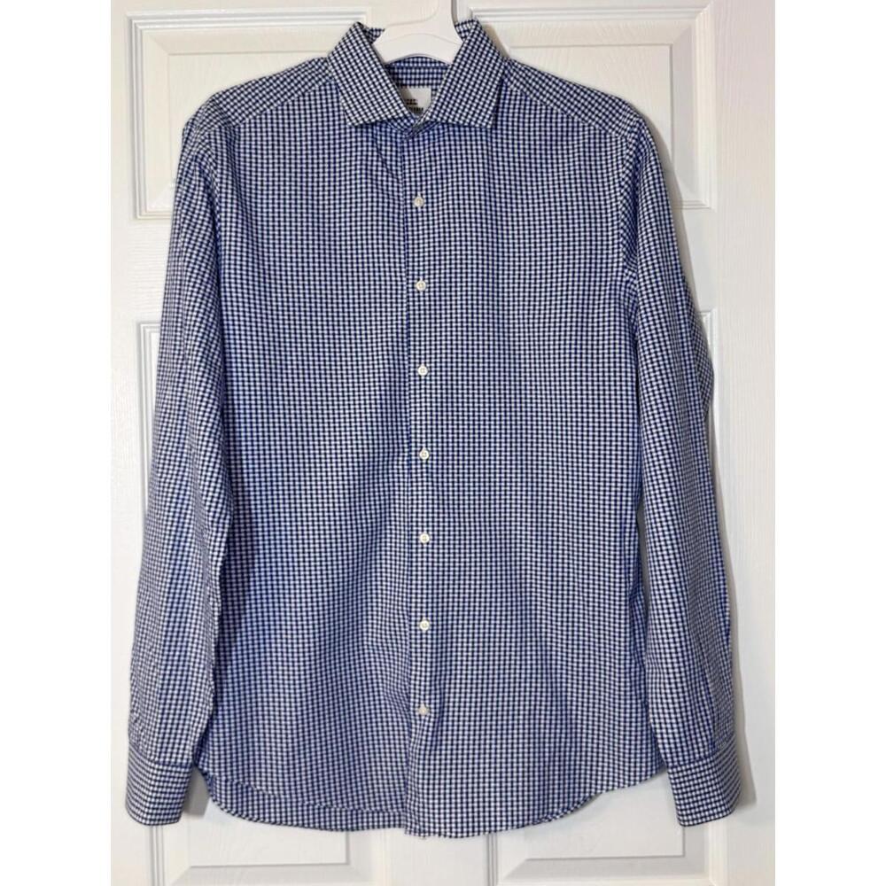 Ben Sherman Men's Long Sleeve Button Down, Blue and White Check, Size 15.5–34/35